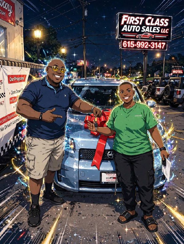 Illustrated customer standing beside a silver vehicle with a large red bow outside First Class Auto Sales at night