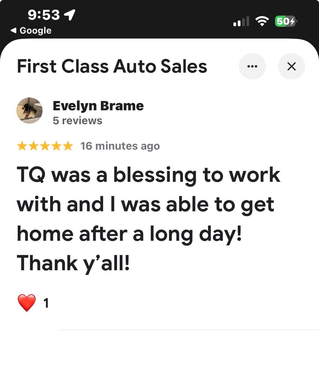 Google review from Evelyn Brame showing five stars and her review of TQ